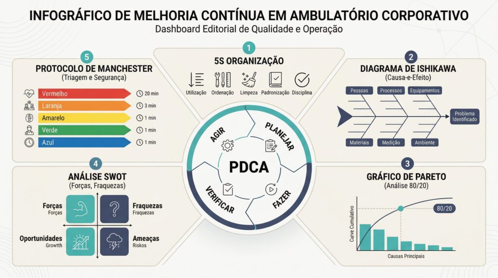 Ciclo PDCA, apoiado por ferramentas como 5S, Diagrama de Ishikawa, Gráfico de Pareto, Protocolo de Manchester e análise SWOT